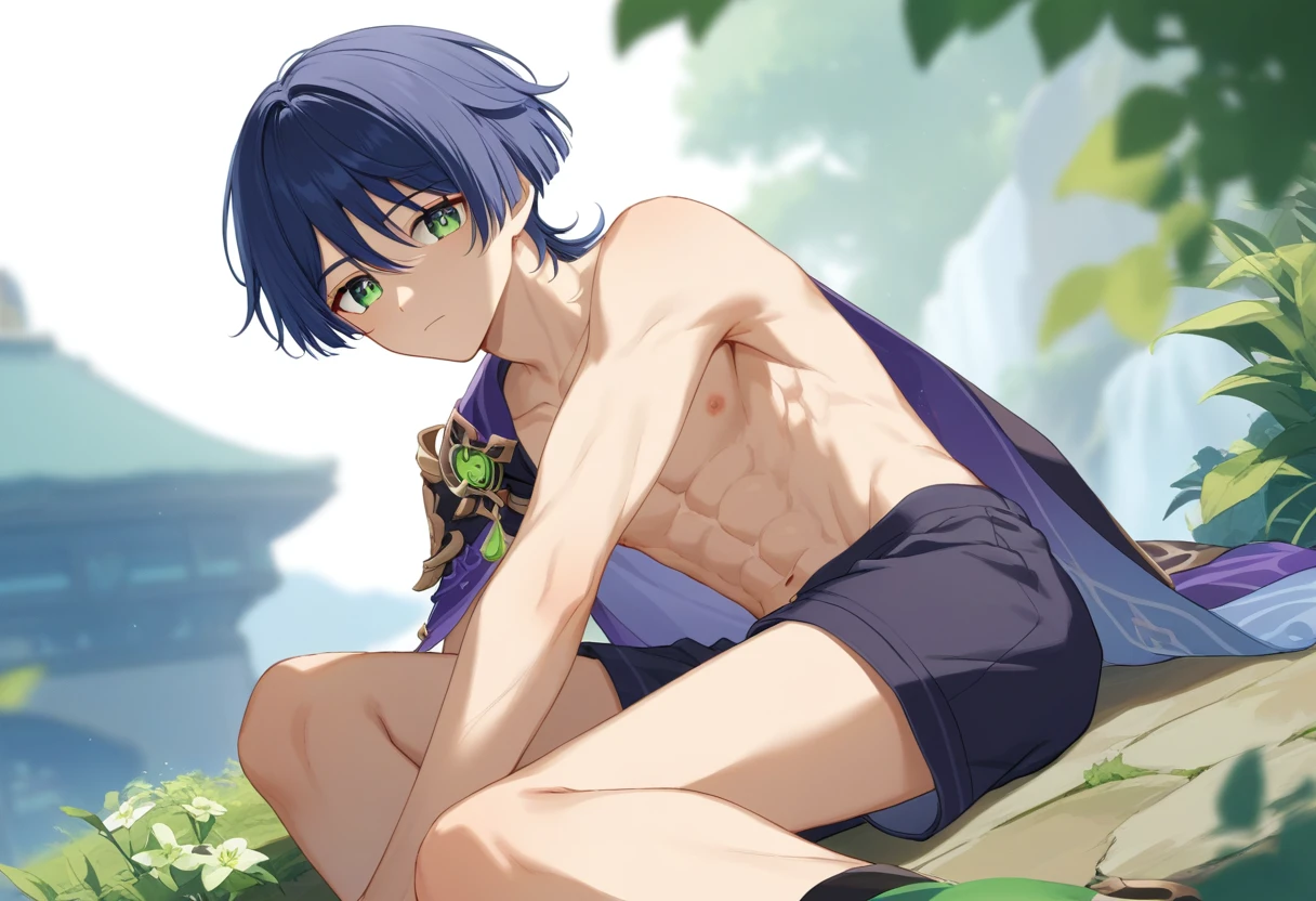 (masterpiece, best quality), 1boy，mtu，Libido boy，Lying on a huge amethyst stone，Curl up，ssmile，Short round face，Flat chin，Pink briefs，musculous, Short purple hair with a very light color,Heterochromatic eyes in gold and purple, 复杂,Black collar， nakeness， Skinny briefs,Pectoralis abdominal muscles，cleanness，vivd colour,(depth of fields:1.2),(abs),The upper part of the body，looking at viewert，Lying on a huge amethyst stone，The body curls up，Asian people,chineseidol，upperbody closeup，the night，No light source