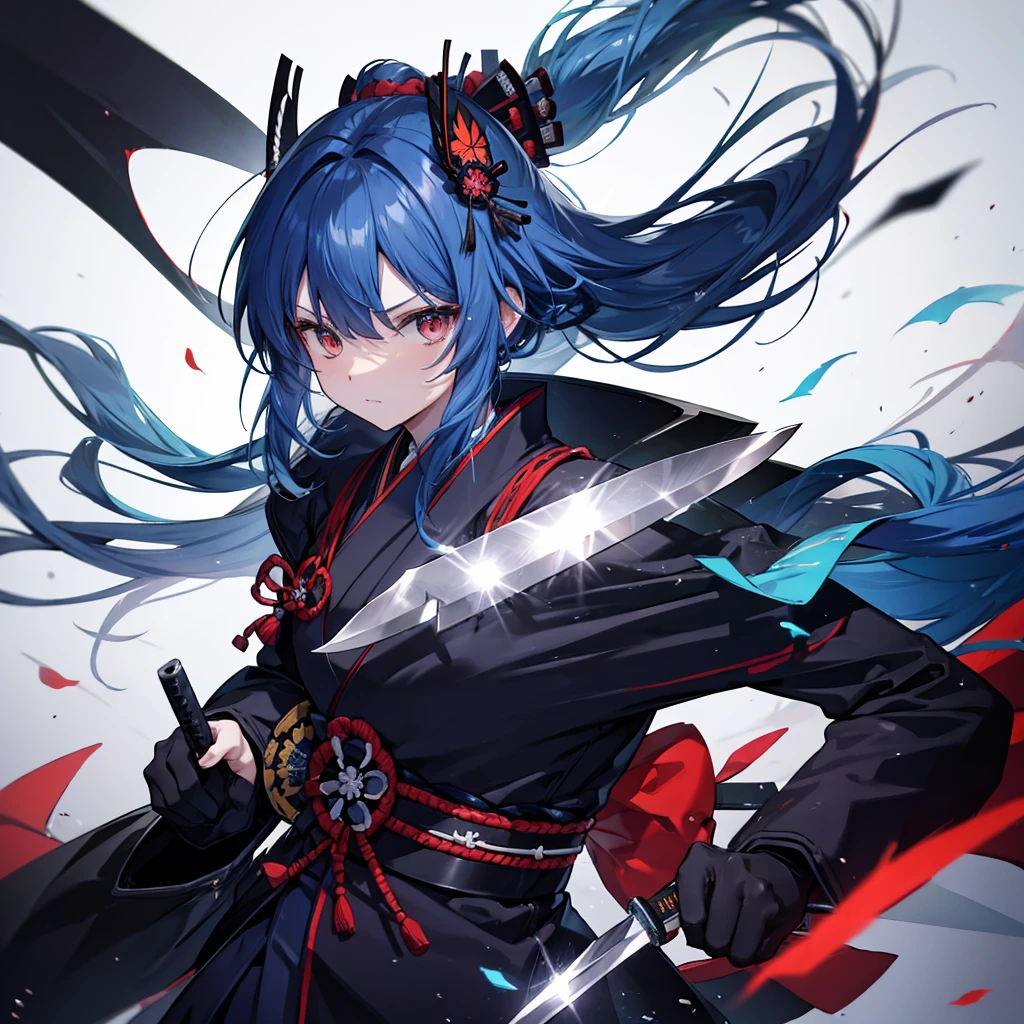 ((((knife)))) (((Blue Hair Long hair Black samurai suit White band Victory))) ((Red butterfly night Japanese style Shoulder old)) (moon Star autumn) Shiny Edge Shiny background