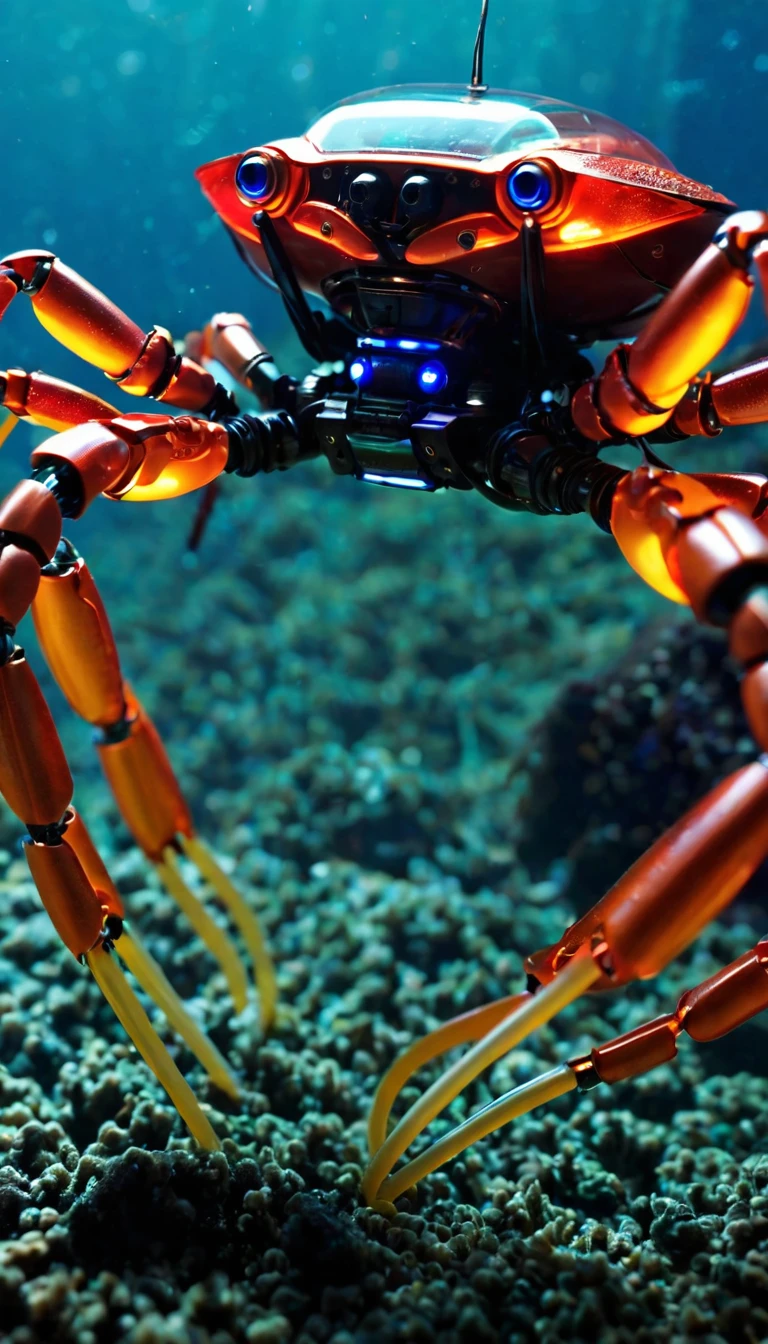 Being at the bottom of the ocean　　　　　　　　　　　　　　　　　　　　　　　　　　　　　　　　　　　　　　　　　　　　　　　　　　　　　　　　　　　　　　　　　　　　　　　　　　　　　　　　　　　　　Translucent movie stills (Cybernetic robot crab 1.5), (Glowing Veins:1.3) (The cable enters the body, circuit:1.3), Very detailed, Vignette, Very detailed, High budget, Bokeh, Sulky, amazing, nice, Film Grain, granular