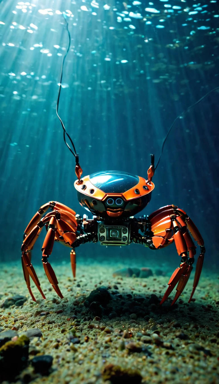 Being at the bottom of the ocean　　　　　　　　　　　　　　　　　　　　　　　　　　　　　　　　　　　　　　　　　　　　　　　　　　　　　　　　　　　　　　　　　　　　　　　　　　　　　　　　　　　　　Translucent movie stills (Cybernetic robot crab 1.5), (Glowing Veins:1.3) (The cable enters the body, circuit:1.3), Very detailed, Vignette, Very detailed, High budget, Bokeh, Sulky, amazing, nice, Film Grain, granular