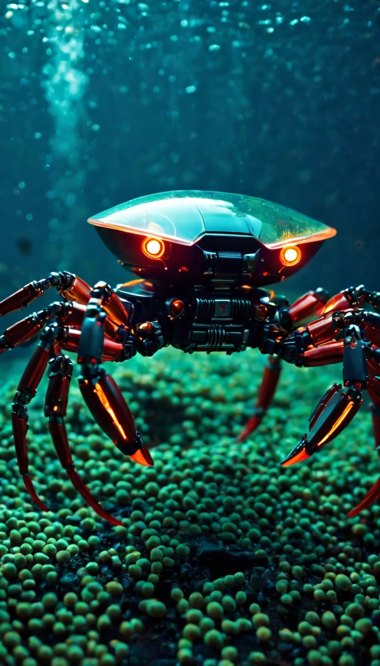 Being at the bottom of the ocean Translucent movie stills (Cybernetic robot crab 1.5), (Glowing Veins:1.3) (The cable enters the body, circuit:1.3), Very detailed, Vignette, Very detailed, High budget, Bokeh, Sulky, amazing, nice, Film Grain, granular