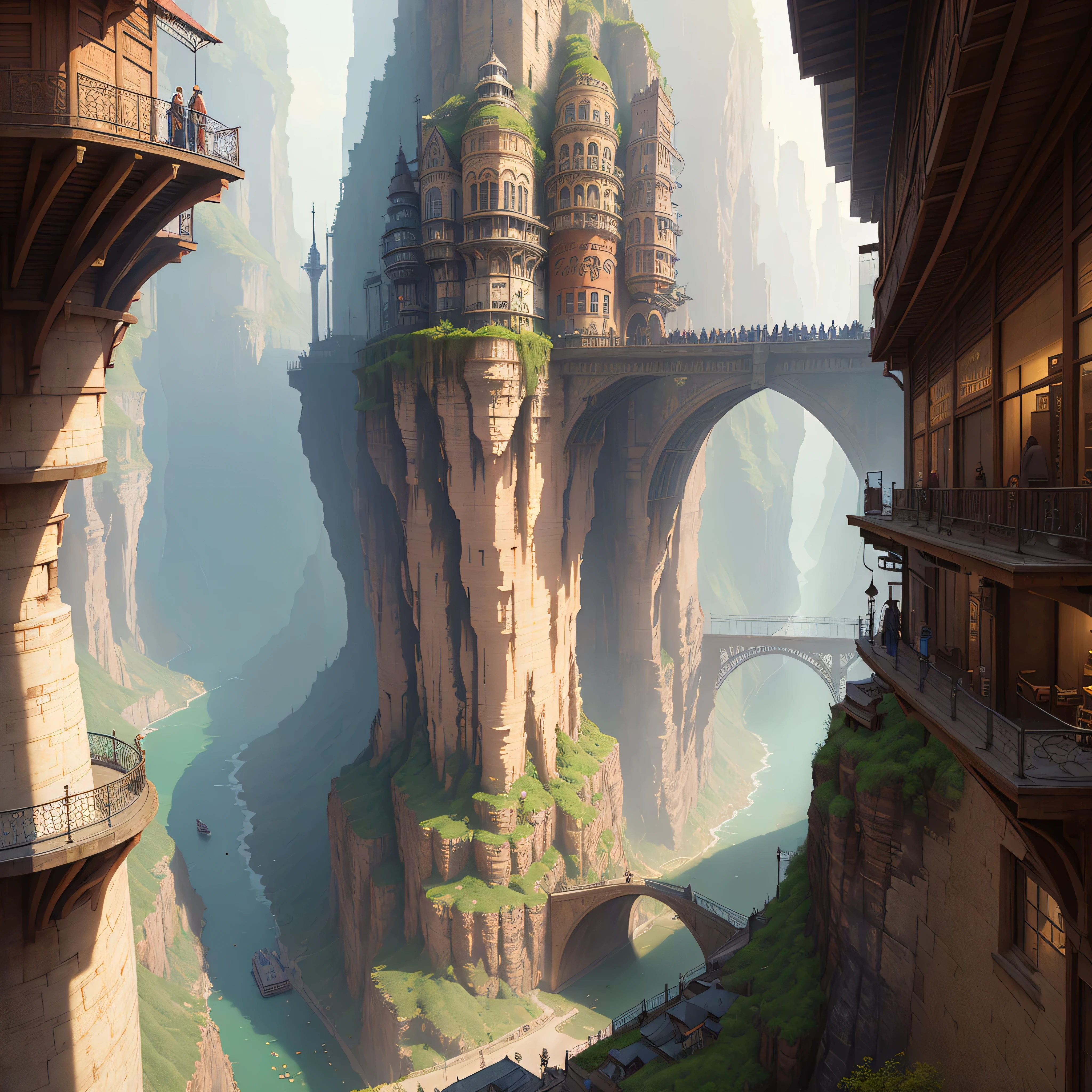 ((masterpiece)),((Highest quality)),((Attention to detail)),((Realistic,))
Industrial City, There is a deep canyon in the middle, Architecture Street, Bazaar, bridge, Wet day, steampunk, European architecture