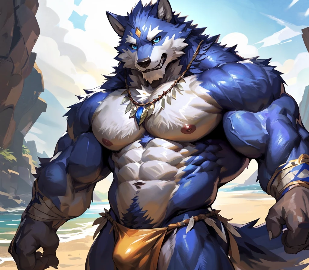 ((best quality)), ((masterpiece)), (ultra detailed), perfect face,(sharp eyes),sharp focus,japanese anime,manga,(by null-ghost,by traver009,by lindong,by pino daeni), (male antro wolf):2.0,((deep indigo fur)), ((white belly)), vertical white on forehead, (sharp eye,ultra-detailed eyes), exquisite eyes, ((blue:0.1) eyes), ((wearing yellow loincloth):0.7, tribal clothing, with blue pattern):0.8,muscular male,sexy body, reflection, (Great physique),strong arms man,middle-age, strong, (((sfw:1.5))), ((abs, strong muscle, 8 pack)),(bulge), shirtless, claw, pink nipples, white fluffy chest hair,wearing random pattern necklace, (indigo wolf tail, long fluffy tail), handsome, majestic, Delicate canine teeth, hairy, male, by the beach,(full body), anime