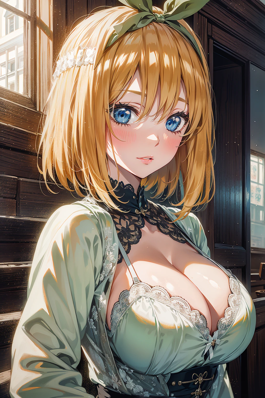 absurd, 8K, high resolution, ultra detailed, beautiful, masterpiece, best quality, very pretty woman, young, blonde hair, (very big breasts: 1.3), detailed woman's face, very attractive, white lingerie,yotsuba nakano