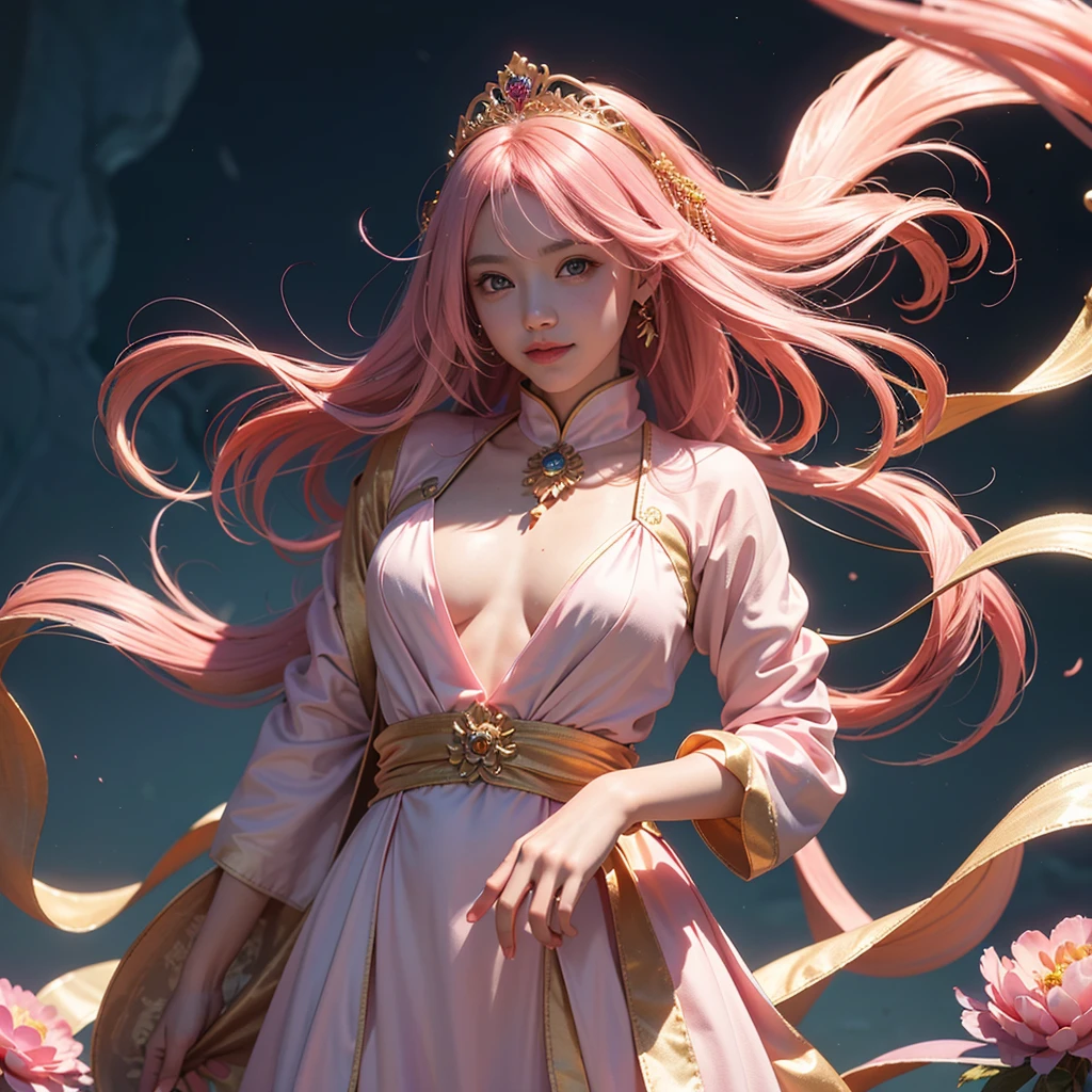 Peach Fuzz系，Peach Fuzz colors，enamel，agates，A flesh-colored world，Blood Blue Maiden 32k（tmasterpiece，k hd，Aoyama Pond，hyper HD，32k）Long flowing bright light pink hair，blood pond，zydink， a color，Grumpy （Post-cock scarf）， Combat posture， looking at the ground， long light pink hair， Floating bright blue， Fire cloud pattern gold tiara， Chinese long-sleeved gold silk burgundy garment， （Abstract metaverse splash：1.2）， white backgrounid，Peony flower vitality protector（realisticlying：1.4），Peach Fuzz hair，Smoke on the road，The background is pure， A high resolution， the detail， RAW photogr， Sharp Re， Nikon D850 Film Stock Photo by Jefferies Lee 4 Kodak Portra 400 Camera F1.6 shots, Rich colors, ultra-realistic vivid textures, Dramatic lighting, Unreal Engine Art Station Trend, cinestir 800，A girl with long flowing bright light Peach Fuzz，Huge colorful bubbles light pink Baby Baby Cute smile 