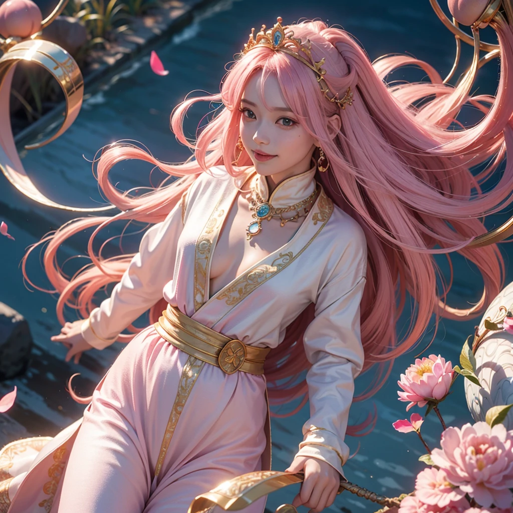 Peach Fuzz系，Peach Fuzz colors，enamel，agates，A flesh-colored world，Blood Blue Maiden 32k（tmasterpiece，k hd，Aoyama Pond，hyper HD，32k）Long flowing bright light pink hair，blood pond，zydink， a color，Grumpy （Post-cock scarf）， Combat posture， looking at the ground， long light pink hair， Floating bright blue， Fire cloud pattern gold tiara， Chinese long-sleeved gold silk burgundy garment， （Abstract metaverse splash：1.2）， white backgrounid，Peony flower vitality protector（realisticlying：1.4），Peach Fuzz hair，Smoke on the road，The background is pure， A high resolution， the detail， RAW photogr， Sharp Re， Nikon D850 Film Stock Photo by Jefferies Lee 4 Kodak Portra 400 Camera F1.6 shots, Rich colors, ultra-realistic vivid textures, Dramatic lighting, Unreal Engine Art Station Trend, cinestir 800，A girl with long flowing bright light Peach Fuzz，Huge colorful bubbles light pink Baby Baby Cute smile 