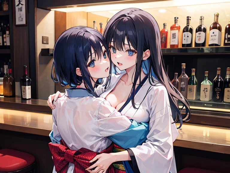Two women hugging,Japanese clothing,Bar district,Unbuttoned,I'm drunk,Midnight,Adult atmosphere,Change of clothes,Enchanted