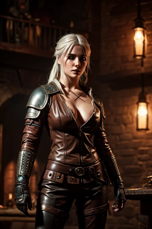 Ciri from The Witcher in the armory. Looks seductive in a leather suit on her hands, brown leather armlets, 3D art, against the backdrop of a forge, realism super realism porn hentai erotica 