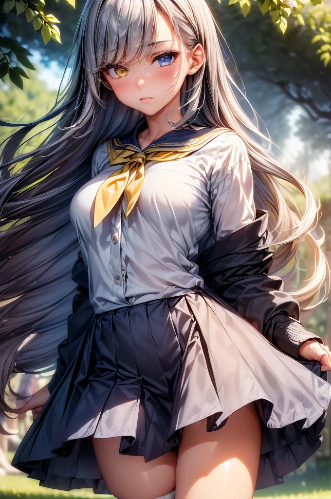 (((masterpiece, Highest quality, Super detailed))), Cowboy Shot, 1 beautiful girl, Sailor suit, Navy blue checked skirt, Detailed pantyhose, JK, Are standing, (Delicate silver flip hair:1.3), Beautiful face in every detail, Fine grain, (Heterochromia iridis), ((Blue and yellow eyes)), Mouth closed, Dramatic lighting, Background Hills, Summer sky, Light of the sun