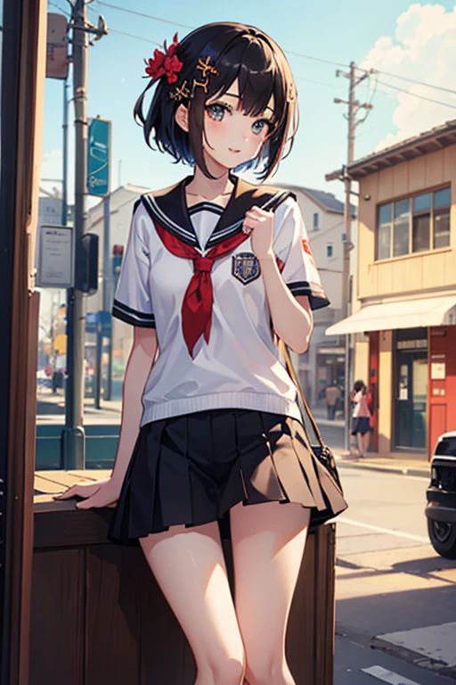 Highest quality、whole body、Black Hair、Iris、short hair、girl、cute、、、Small hair ornament、1 person、On the way home、School zone、Returning home、Red jersey top and bottom、Turn around、A happy look