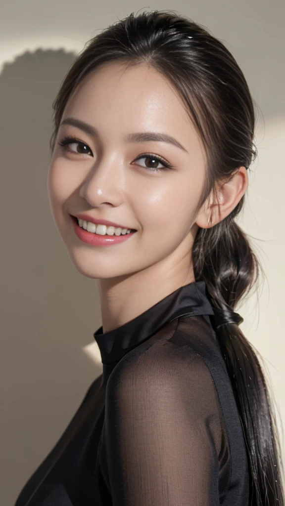 (masterpiece, best quality, beautiful quality, photorealistic, detailed lighting, extremely detailed skin, extremely detailed hair, shadows, 8k, a picture of a woman, pony tail, teeth, smile, black hair, forehead, upper body, 1girl, fcPortrait:1.2),