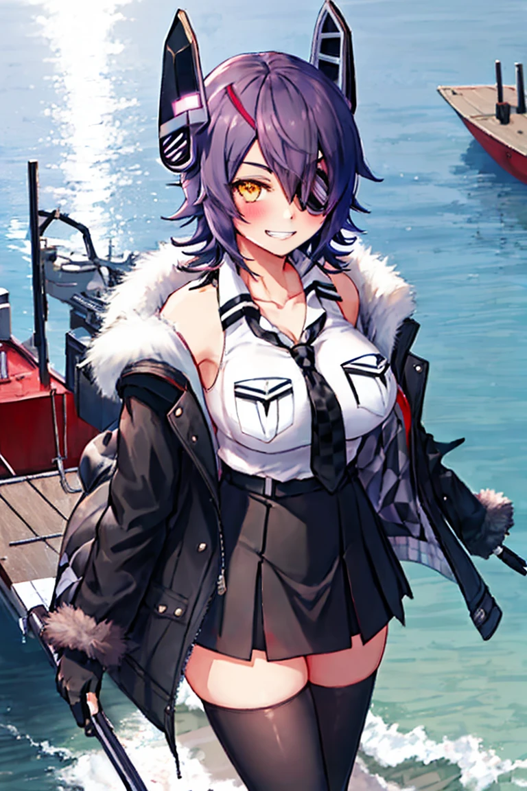 best quality, masterpiece, solo, {tenryuu_kantaicollection:1.15}, teen_girl, eyepatch, short_hair, purple_hair, yellow_eyes, headgear, breasts, necktie, large_breasts, smile, 1girl, blush, checkered_necktie, hair_over_one_eye, shirt, collared_shirt, white_shirt, jacket, sleeveless, brown_eyes, fur-trimmed_jacket, fur_trim, collarbone, looking_at_viewer, pocket, breast_pocket, grin, black_jacket, messy_hair, black_gloves, gloves, partially_fingerless_gloves,harbor_town_background,short_skirt,thigh-highs,boots,sea,sunlight,