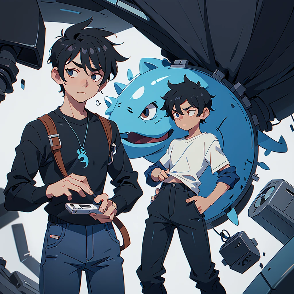 Boy with tired eyes, with black hair, a pair of blue pants, with a phone