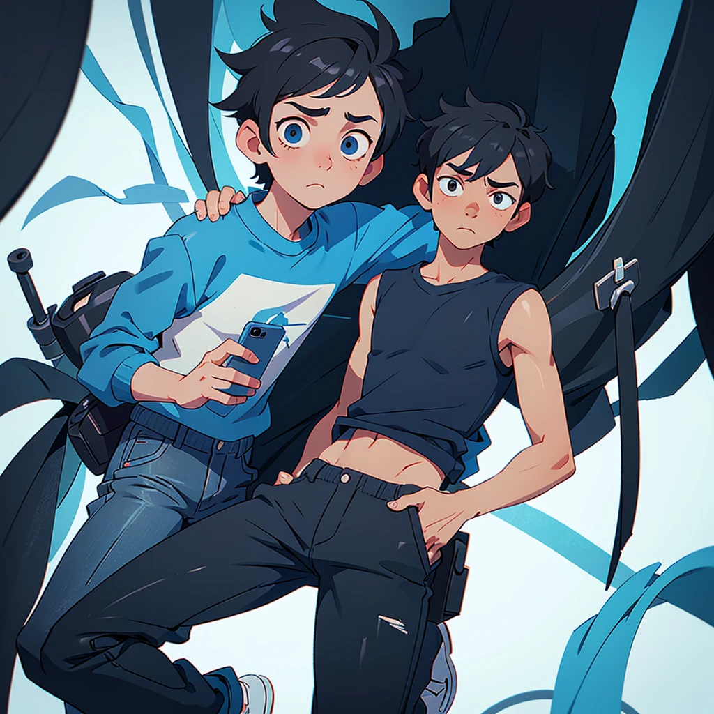 Boy with tired eyes, with black hair, a pair of blue pants, with a phone 