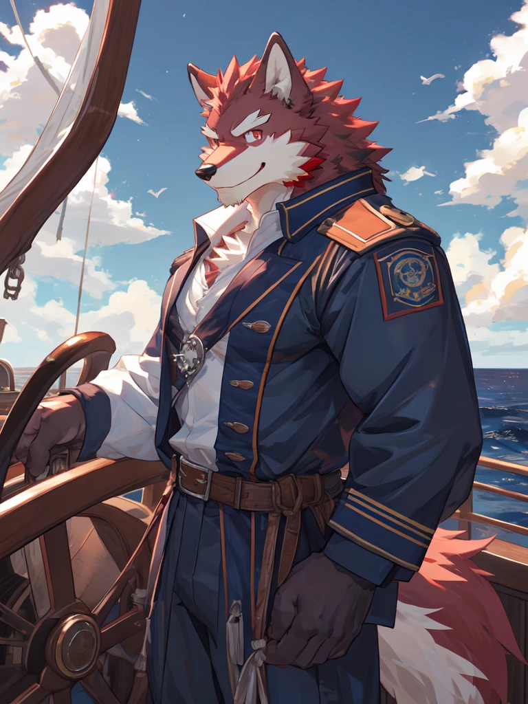 Best quality, diederich olsen (/knights college/), wolf, kemono, nj5furry, Red Fur, Red eyes, Medium Muscular Body, Solo, A sailor, steering at the helm, looking at ocean, smile, Fierce eyes, full body,