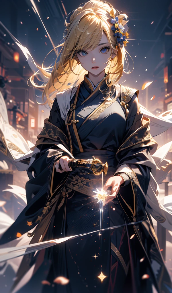 masterpiece, high quality, 4K, Beautiful design, silhouette，blonde， 非常に詳細な夜のStarry Sky,Flower Field， wonderful, Finer details,  Very knowledgeable woman, Highly detailed solo, 1 female,Big  and aggressive，Wizard，Night view，Starry Sky，full moon，