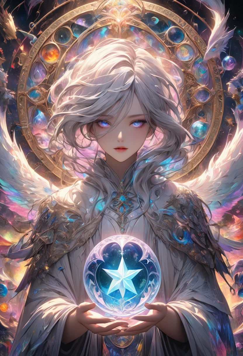 ((Correct and perfect anatomy) ) ((手指Correct and perfect anatomy) )The runes in the mysterious rune magic circle exude a mysterious light,Fascinating and curious.
A beautiful astrologer(The eyes are clear and bright)Beautiful astrologer with long and flowing white hair wearing a white luminous hoodie holding a luminous crystal ball(There is a star-shaped totem inside the crystal ball)Close-up of man standing in magic circle casting spell. ethereal,
Intricate Fantasy Art Vibrant Surrealism, magic energy, High dynamic range, Dark magic swirl pattern,
Mystical Art of Illusion, Extremely detailed dream scenes, Immerse yourself in a magical world, Super detailed art、Delicate and beautiful、
masterpiece、Premium content is very detailed、Dynamic angles and elegant atmosphere Perfect composition Intricate details Meticulous digital art