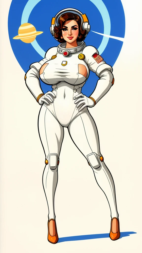 pretty woman,Sunny Leone, large breasts, rubenesque, space suit, white background, blank background, Retrofuturism, pinup. dieselpunk