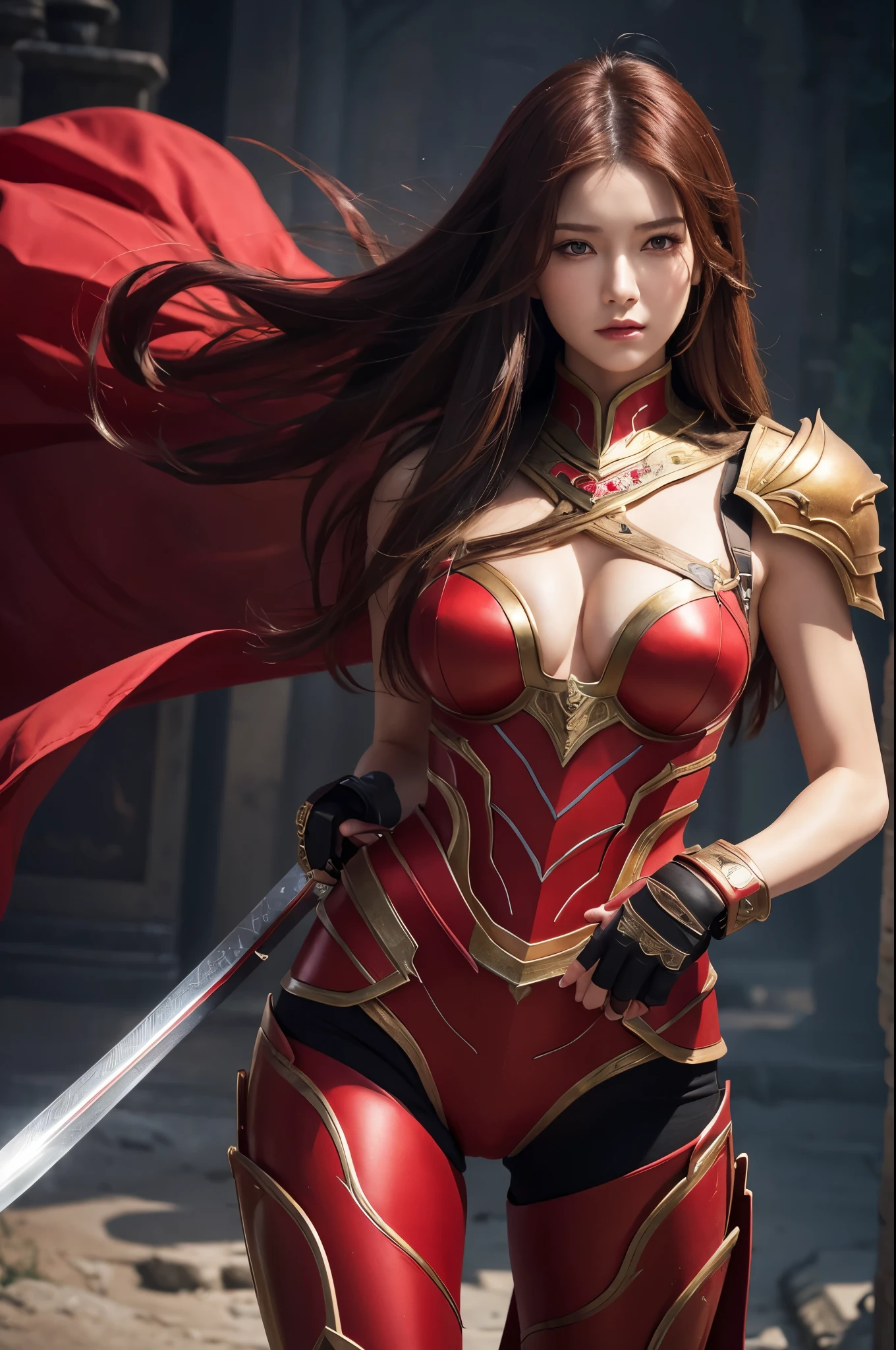 8K,Close-up of a goddess holding a sacred sword, Gorgeous large chest armor, sexy超美人(Like the real thing)Goddess of War,Slender body,Muscular Beauty,Muscular woman,Sharp Eyes,He has a big and gorgeous holy sword.,Beautiful long red hair,Strongly defined abdominal muscles,sexy,Highly detailed artwork, Alexandra Fomina Art Station, 2. 5d cgi anime Fantasy artwork, Woman in red armor, Armor Girl, Fan Art Best Art Station, Amazing character art, Kschat Krentz Key Art Feminine, Chengwei Pan at Art Station,Ultra-high resolution,Luxury Red Large Mist Chest Armor,Luxury red combat pants,gorgeous red gauntlet,Luxury red shoulder pad,luxurious red waist armor,Fantasy art,Strongly defined abdominal muscles,Slim, muscular legs,Very large breasts,Fighting Pose,Dynamic pose with sword,shout,anger,anger,