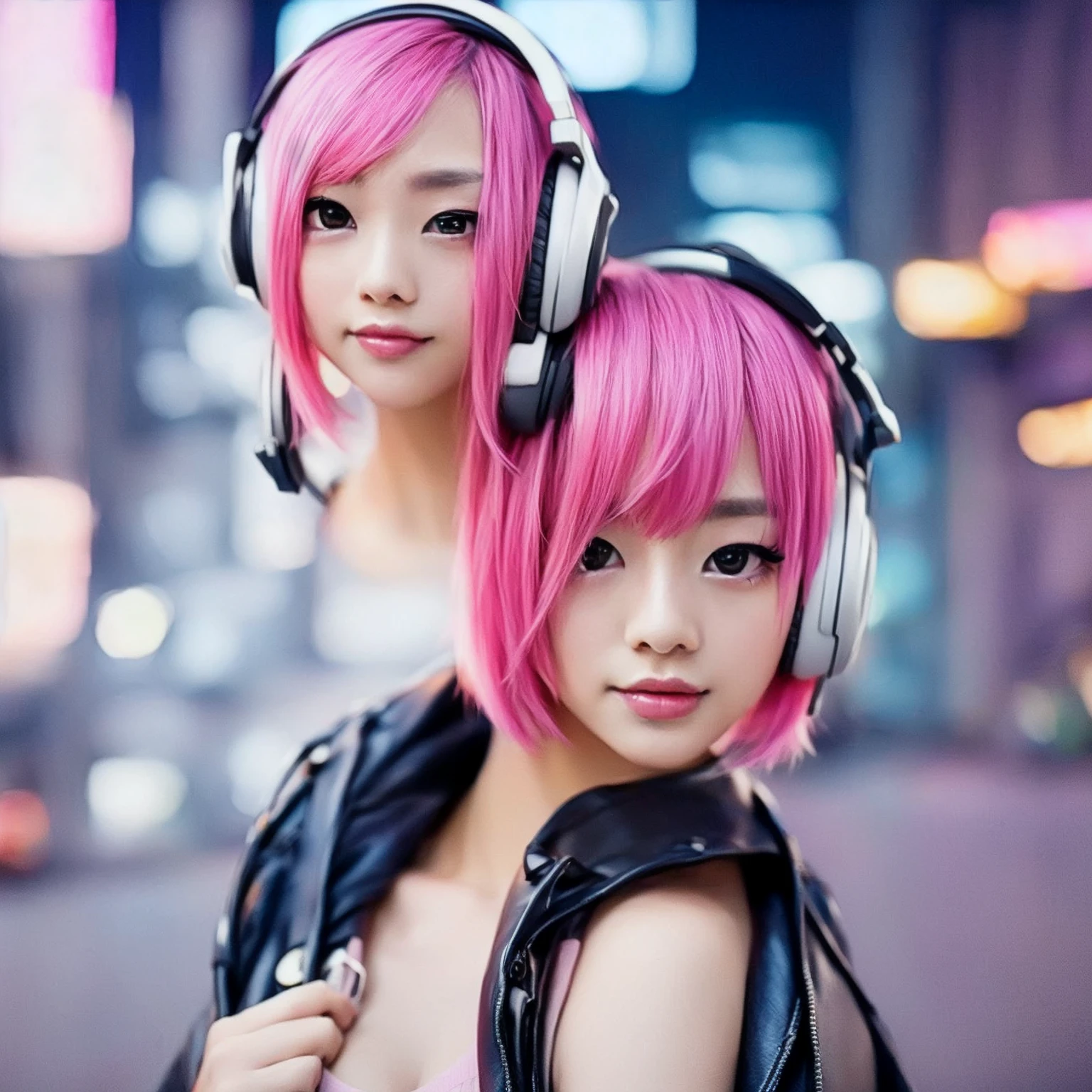 there is a woman Pink Hair wearing Headphones on a city street, Cute girl with short pink hair, Anime Style mixed with fujifilm, Anime Style. 8K, pink Headphones, girl wearing Headphones, Headphones, Anime Style 4 k, Pink Hair, Beeple&#39;s Style Hybrid Mix, Cyberpunk beautiful girl, Cyberpunk Anime Girl, with Headphones, Cyberpunk Style,whole body