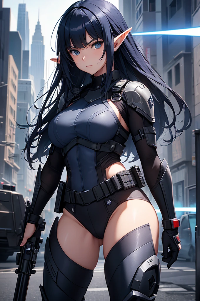 Create high quality images featuring an elf girl with dark navy blue hair and straight bangs. She is a member of the police special forces.。Aggressive pose。Aggressive facial expression。Have a lightsaber.。The background must depict a city inside a dome, Next to her is a black armored vehicle.