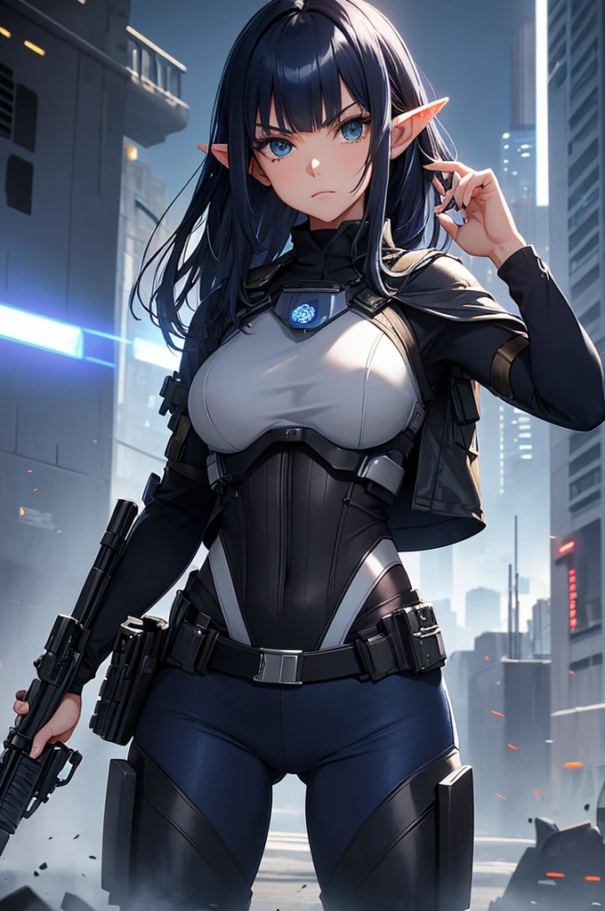 Create high quality images featuring an elf girl with dark navy blue hair and straight bangs. She is a member of the police special forces.。Aggressive pose。Aggressive facial expression。Have a lightsaber.。The background must depict a city inside a dome, Next to her is a black armored vehicle.