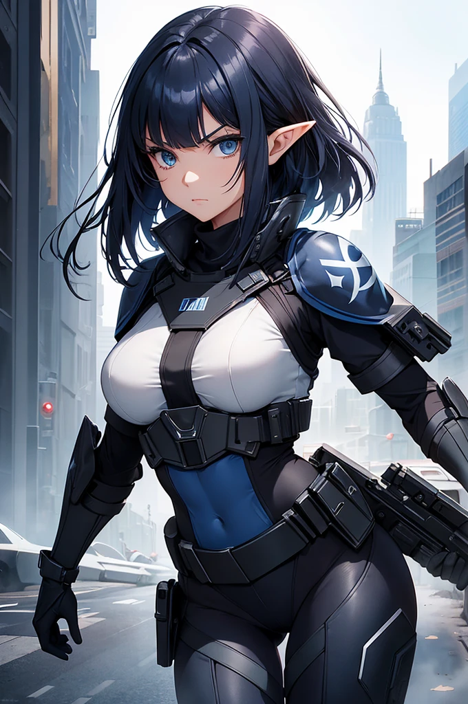 Create high quality images featuring an elf girl with dark navy blue hair and straight bangs. She is a member of the police special forces.。Aggressive pose。Aggressive facial expression。Have a lightsaber.。The background must depict a city inside a dome, Next to her is a black armored vehicle.