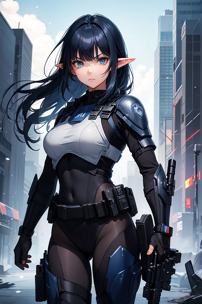 Create high quality images featuring an elf girl with dark navy blue hair and straight bangs. She is a member of the police special forces.。Aggressive pose。Aggressive facial expression。Have a lightsaber.。The background must depict a city inside a dome, Next to her is a black armored vehicle.