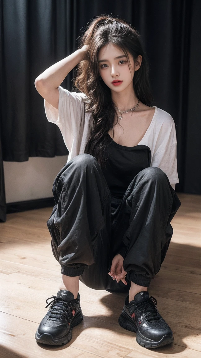 21yo girl, beautiful, curly hair, (chain neck), (wearing black baggy t-shirt), (wearing cargo trousers), (oversize black tshirt) sneakers, natural big breast, plumpy body, in front of mirror, modern cinematic lighting, ray tracing, drop shadow wide shot UHD, textured skin, high details, best quality 4K, selfie pose, looks graceful, Grunge style create a photo realistic image that the viewer has never envisioned before,the image should demonstrate extreme creativity,imaginative,bold,inspiring,original in subject,original in style,amazing composition,intricately detailed,absurdly complex.