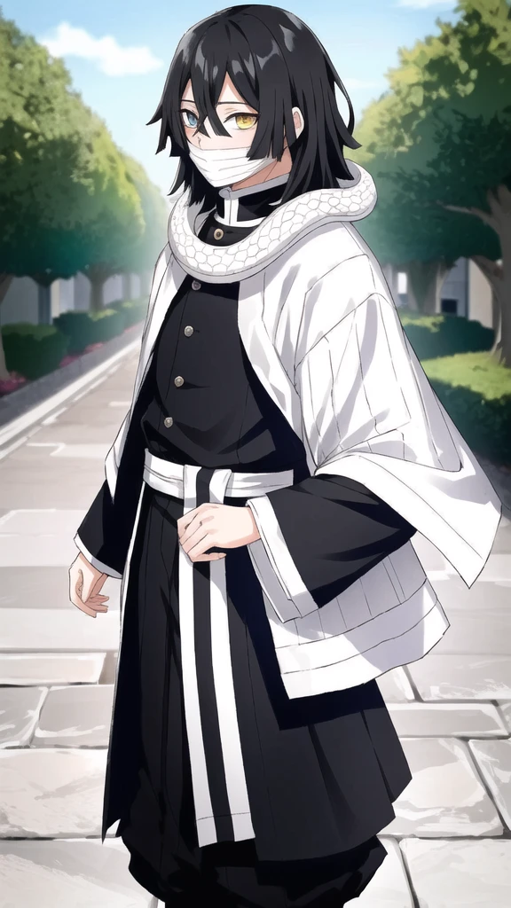 1boy, snake, heterochromia, black hair, male focus, snake, tree, yellow eyes, outdoors, blue eyes, japanese clothes, black pants, hair between eyes, wide sleeves, long sleeves, sky,  demon slayer uniform, striped jacket,  bangs, iguro obanai,  upper body, red eyes, cloudy sky,  long hair, anime screencap, anime coloring, standing, full body, 