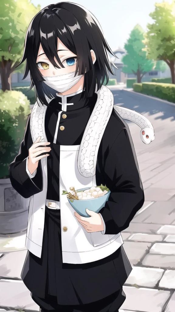 1boy, snake, heterochromia, black hair, male focus, snake, tree, yellow eyes, outdoors, blue eyes, japanese clothes, black pants, hair between eyes, wide sleeves, long sleeves, sky,  demon slayer uniform, striped jacket,  bangs, iguro obanai,  upper body, red eyes, cloudy sky,  long hair, anime screencap, anime coloring, standing, full body, 