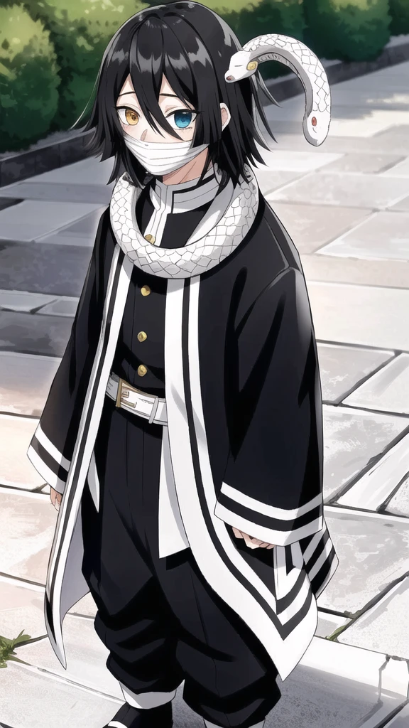 1boy, snake, heterochromia, black hair, male focus, snake, tree, yellow eyes, outdoors, blue eyes, japanese clothes, black pants, hair between eyes, wide sleeves, long sleeves, sky,  demon slayer uniform, striped jacket,  bangs, iguro obanai,  upper body, red eyes, cloudy sky,  long hair, anime screencap, anime coloring, standing, full body, 