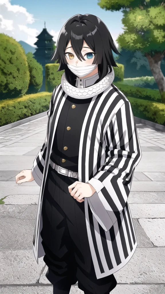 1boy, snake, heterochromia, black hair, male focus, snake, tree, yellow eyes, outdoors, blue eyes, japanese clothes, black pants, hair between eyes, wide sleeves, long sleeves, sky,  demon slayer uniform, striped jacket,  bangs, iguro obanai,  upper body, red eyes, cloudy sky,  long hair, anime screencap, anime coloring, standing, full body, 