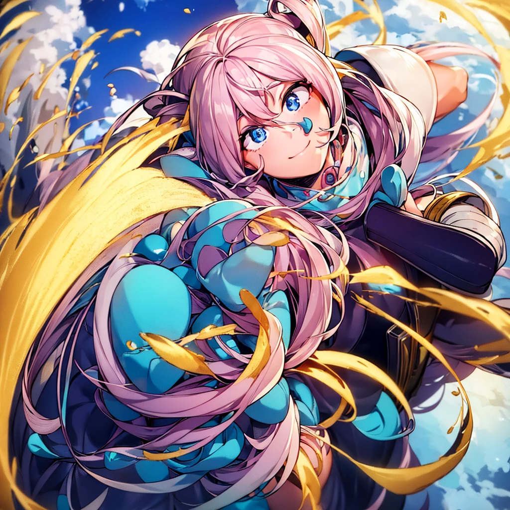 1 girl in the style of Boku no Hero, light pink hair, long hair, hair with blue tips, clear blue eyes, pink heroine uniform, gold bracelets,White background,half smile, tilted face