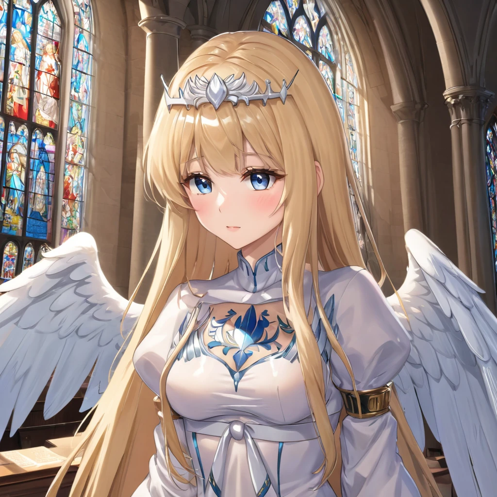 1angel,solo, calca, blonde hair, ,( extremely long hair:1.3), very long hair, extra long hair, white tiara, white dress, blue eyes,Calca Bessarez, medium breast,Calca, indoor, church, cathedral, stained glass, close up, upper body, (extremely large white wings:1.2), angel feature wings, halo