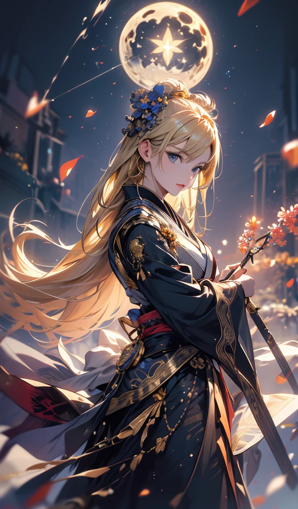 masterpiece, high quality, 4K, Beautiful design, silhouette，blonde， 非常に詳細な夜のStarry Sky,Flower Field， wonderful, Finer details,  Very knowledgeable woman, Highly detailed solo, 1 female,Big  and aggressive，Wizard，Night view，Starry Sky，full moon，