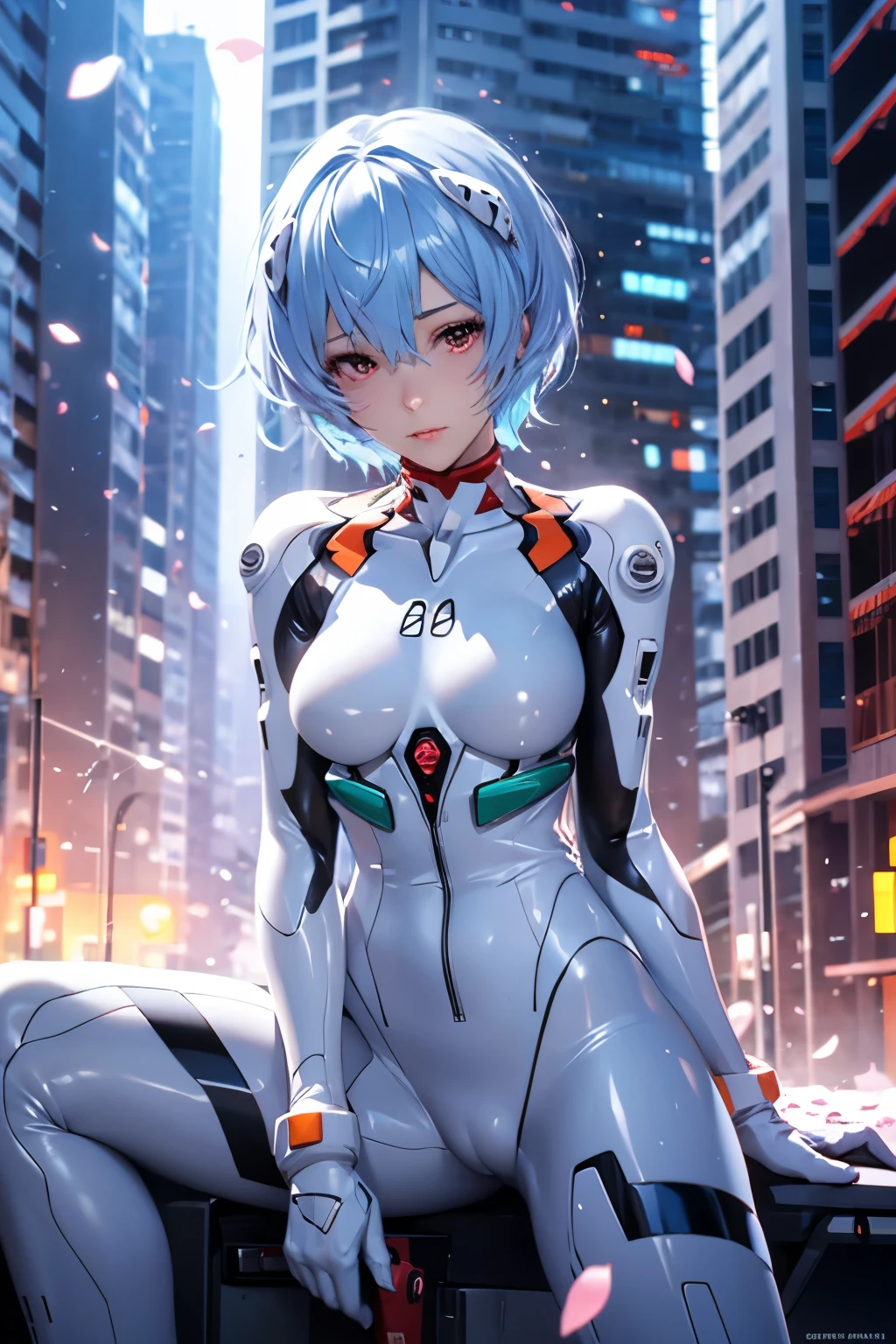 (Realistic, photoRealistic), ayanami, One Girl, Blue Short Hair, White hair ornament, (underwear), Sit on the ground, noon、Buildings、(Cowboy Shot),(Tabletop, high quality, 最high quality), (colorful),(Delicate eyes and face), Volumetric Light, Ray Tracing, Highly detailed CG Unity 8k wallpaper,alone、((Fluttering petals)),Outdoor, ((cyber punk)), Cyber City, ((Neon Trim)),frontage,(Spread your legs)