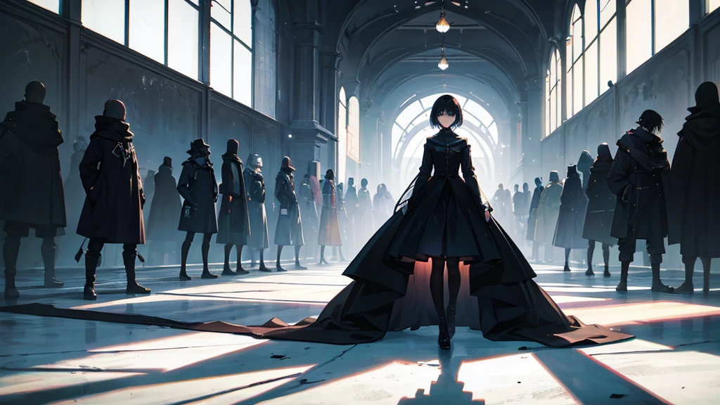 An anime girl standing alone in a surreal, shadowy world, looking through a lens. Her expression is contemplative and searching, as she sees faces that don't make sense. The background is filled with vague, distorted figures and shadows in disguise, with painted smiles and hollow eyes. The scene is dark and mysterious, with cracks in the veneer of reality visible behind her. She is trying to find her place in a world that has lost its way, with a sense of confusion and longing. The lighting is dim and atmospheric, emphasizing the hidden truth behind the curtain. The overall mood is one of introspection and the search for meaning in a forbidden and deceptive world.