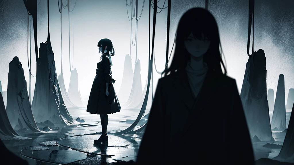 An anime girl standing alone in a surreal, shadowy world, looking through a lens. Her expression is contemplative and searching, as she sees faces that don't make sense. The background is filled with vague, distorted figures and shadows in disguise, with painted smiles and hollow eyes. The scene is dark and mysterious, with cracks in the veneer of reality visible behind her. She is trying to find her place in a world that has lost its way, with a sense of confusion and longing. The lighting is dim and atmospheric, emphasizing the hidden truth behind the curtain. The overall mood is one of introspection and the search for meaning in a forbidden and deceptive world.