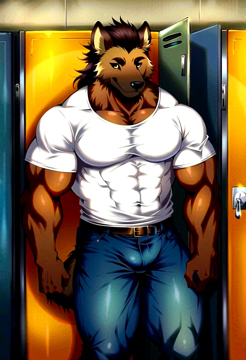 Long tail, Anime, huge guy, Alone, large school hallway, looking at the camera, leaning seductively on a locker, resting elbow on the locker, resting cheek on his hand seductively, Male, mischievous and charming smile, bedroom eyes, fluffy tail, usual fur colour of hyenas, whole body is covered in a brown fur with some dark brown circled spots along his body, yet he has some parts of his body with different color. His snout, his eyebrows and his tail have a dark brown color, and some parts like the frontal part of his neck, the frontal part of his pecs, and the frontal part of his abdomen has a white, almost yellow fur. His dick and balls have a dark brown fur color, and his ears have a black color, and his inner ears have a white, almost yellow fur color. Besides, like every hyena, he has a dark brown crest-like mane that goes from the top of his head (between his ears) to his rump, that, because he's an antropomorphic animal, works as his hair too. He is tall (190 cm), really muscled and buff, with ripped and perfect pecs, abs, biceps and back, and he has a good pair of muscled legs too (and a good crotch and butt, honestly). Red, t-shirt which is quite tight and shows his muscles really well, a pair of blue jeans that mark his thighs, crotch and butt