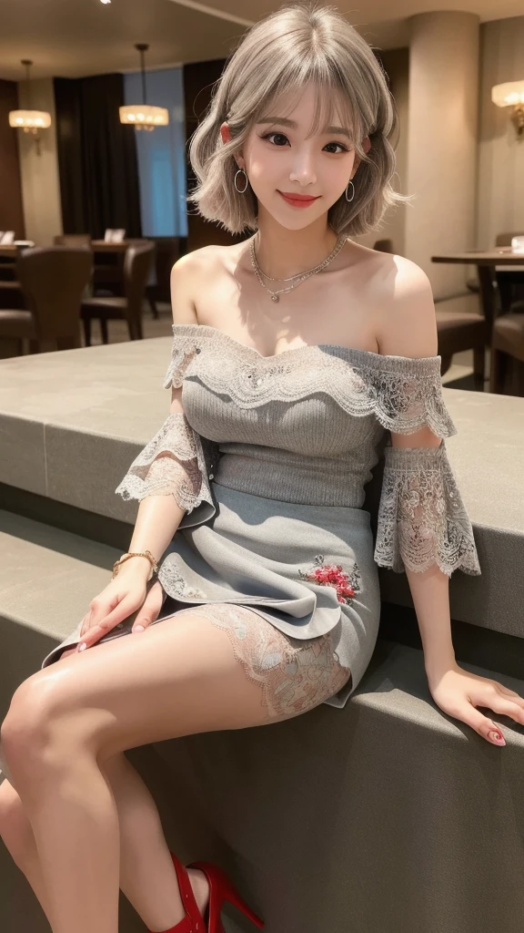(8K, Photorealistic, Raw photo, Highest quality: 1.4),Japanese idol-style beautiful girl,1 person,20-year-old,(Short Bob),(Silver Hair :1.2),(Natural Waves),She has her hair tucked behind her ears,Clear grey eyes,Long eyelashes,(piercings(small)),(Lip gloss(red)),lips(Plump,glossy),thin long neck,necklace,ring,thin abdomen,(Off-the-shoulder dress((Long Length(Length to calf, covering thigh :1.2)),(Lace embroidery),(Layered),(fluffy skirt))),High heels,Small pouch,Large hotel party hall,Stand-up buffet,A large number of people(Woman in a dress)Background of the gathering,Smiling at the camera,Full body portrait