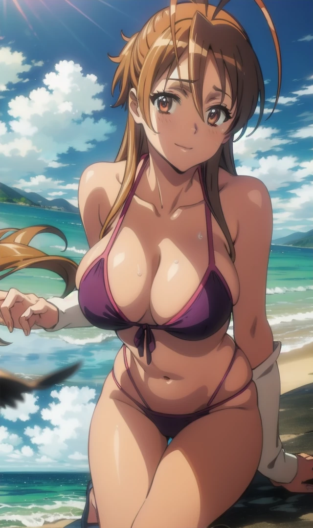 (((pixel-perfect, detail-perfect))), solo, 1girl,rei miyamoto,Smiling, looking at the viewer, blue theme, blue background, cloudy sky, sunlight, sweat, orgasmic, bikini swimsuit, large breasts, cleavage, belly button exposed, collarbone, thighs, sea and beach,