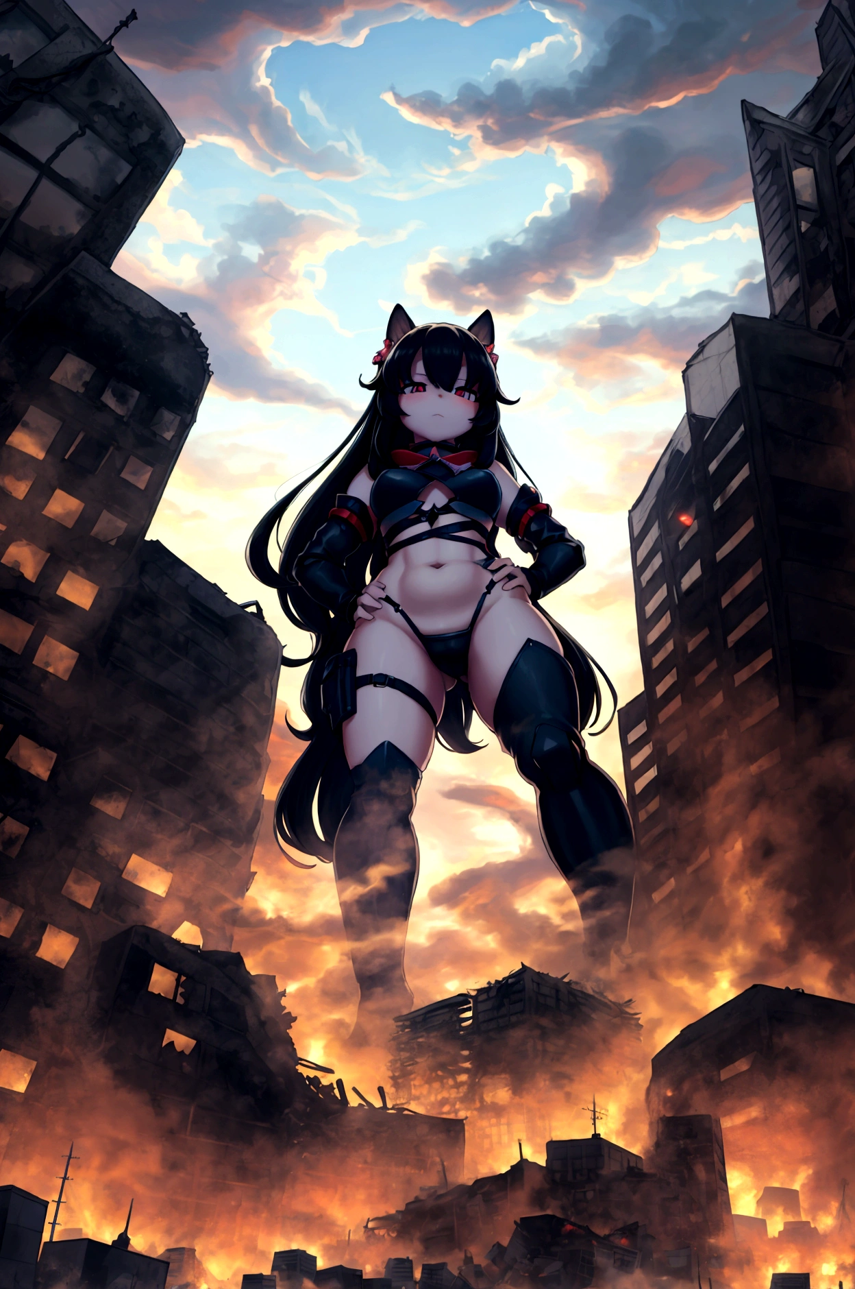 masterpiece、Highest quality、simple、beautiful、Anime illustration、Giantess、Hall々Stand with、Hands on hips、giantess、Black Hair、Long Hair、Low - Angle、Destroyed small town、Destroyed Tokyo、City in Ruins、Smoke is rising、The fugitive々、A devastating landscape、Spectacular atmosphere