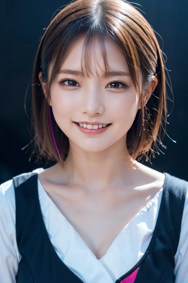 1 girl,(wearing colorful stage costume:1.2),very beautiful japanese idol portrait,close up of face,(RAW photo,best quality),(real,realistic:1.4),(masterpiece),very delicate and beautiful,very detailed,2k wallpaper,amazing,finely detailed,highly detailed CG Unity 8K wallpaper,very detailed,high resolution,soft light,beautiful detailed girl,very detailed eyes and face,beautiful refined nose,finely beautiful eyes,cinema lighting,(simple light color background:1.3),(short hair),(bob),full anatomy,slender body,small breasts,smiling,