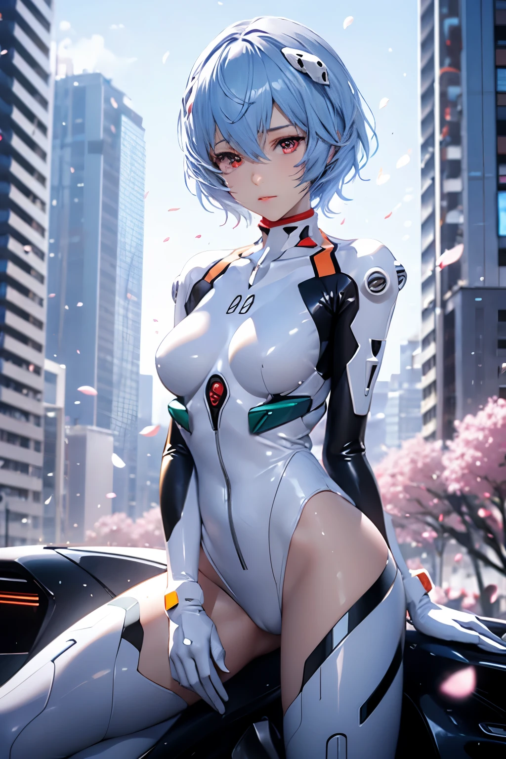 (Realistic, photoRealistic), ayanami, One Girl, Blue Short Hair, White hair ornament, (underwear), Sit on the ground, noon、Buildings、(Cowboy Shot),(Tabletop, high quality, 最high quality), (colorful),(Delicate eyes and face), Volumetric Light, Ray Tracing, Highly detailed CG Unity 8k wallpaper,alone、((Fluttering petals)),Outdoor, ((cyber punk)), Cyber City, ((Neon Trim)),frontage,(Spread your legs)
