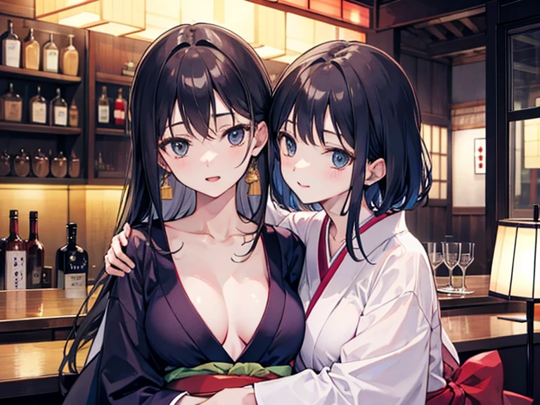 Two women hugging,Japanese clothing,Bar district,Unbuttoned,I'm drunk,Midnight,Adult atmosphere,Change of clothes,Enchanted