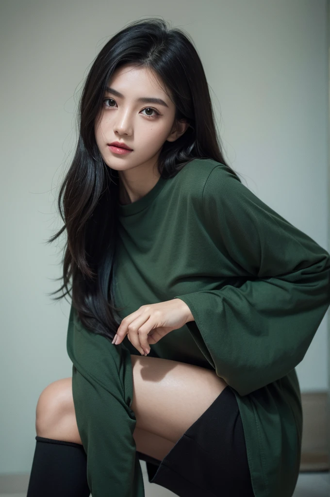 1girl,dark eyes,dark black hair,green shirt,