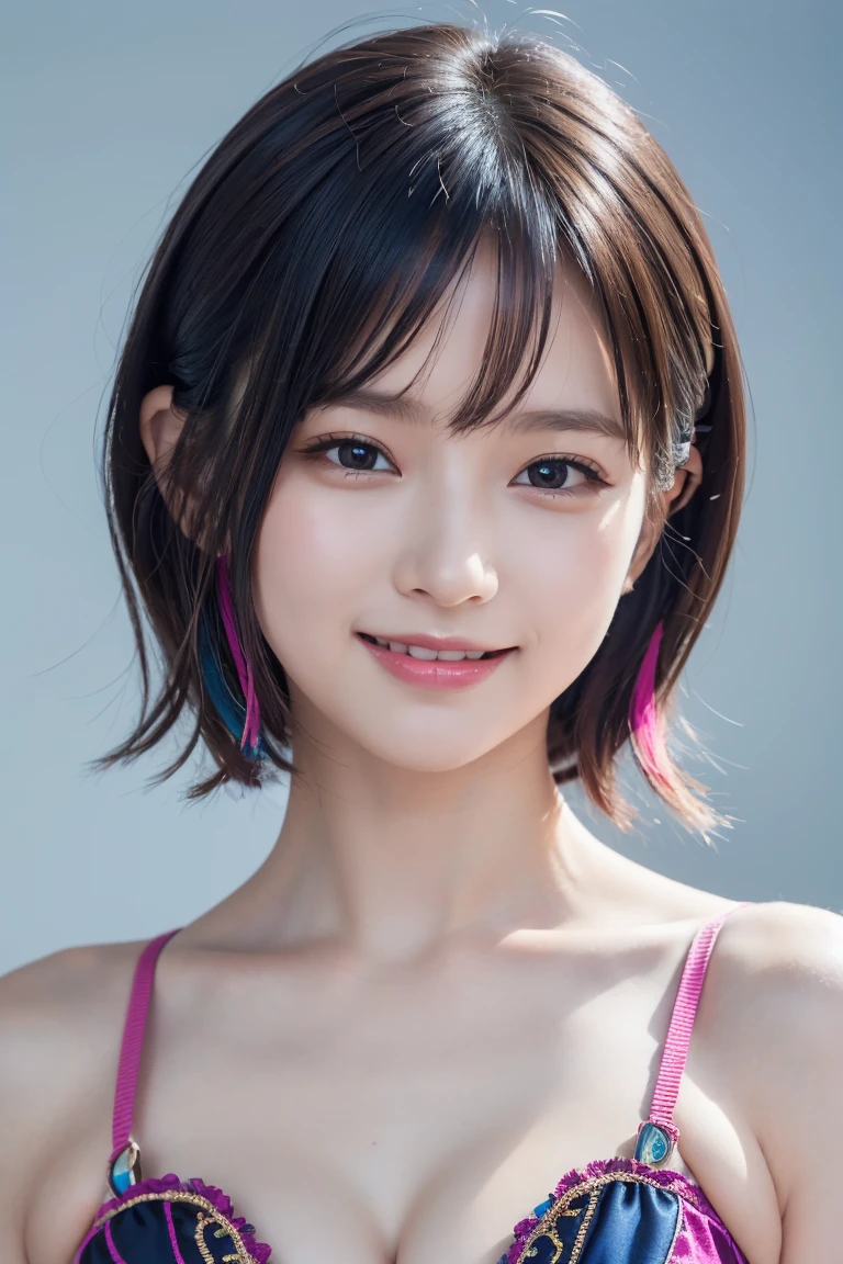 1 girl,(wearing colorful stage costume:1.2),very beautiful japanese idol portrait,close up of face,(RAW photo,best quality),(real,realistic:1.4),(masterpiece),very delicate and beautiful,very detailed,2k wallpaper,amazing,finely detailed,highly detailed CG Unity 8K wallpaper,very detailed,high resolution,soft light,beautiful detailed girl,very detailed eyes and face,beautiful refined nose,finely beautiful eyes,cinema lighting,(simple light color background:1.3),(short hair),(bob),full anatomy,slender body,small breasts,smiling,