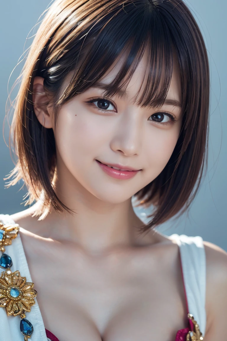 1 girl,(wearing colorful stage costume:1.2),very beautiful japanese idol portrait,close up of face,(RAW photo,best quality),(real,realistic:1.4),(masterpiece),very delicate and beautiful,very detailed,2k wallpaper,amazing,finely detailed,highly detailed CG Unity 8K wallpaper,very detailed,high resolution,soft light,beautiful detailed girl,very detailed eyes and face,beautiful refined nose,finely beautiful eyes,cinema lighting,(simple light color background:1.3),(short hair),(bob),full anatomy,slender body,small breasts,smiling,