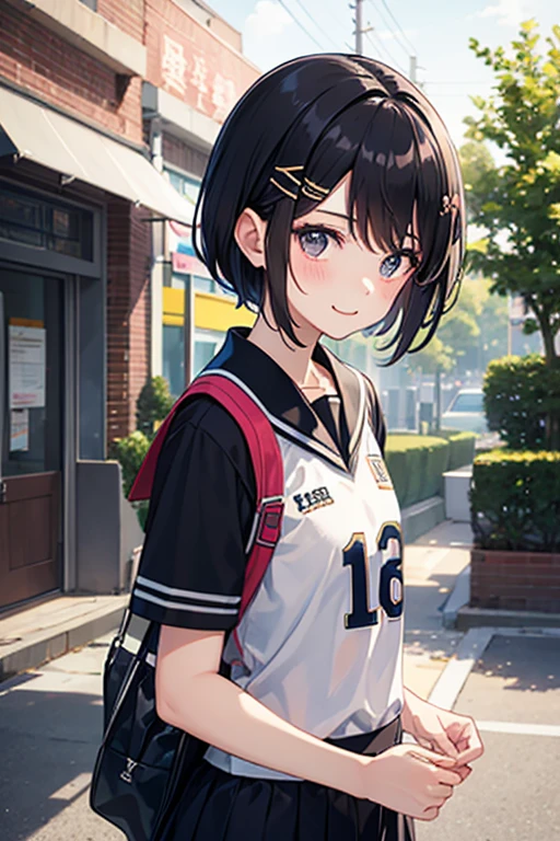 Highest quality、whole body、Black Hair、Iris、short hair、girl、cute、16 years old、、Small hair ornament、1 person、On the way home、School zone、Returning home、Sports Jerseys、Athletic Department、Turn around、A happy look